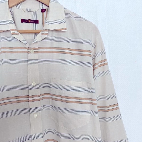 7 for all Mankind Mens Striped Button Down Shirt Lareg Cream Beige Long Sleeve - Picture 4 of 9